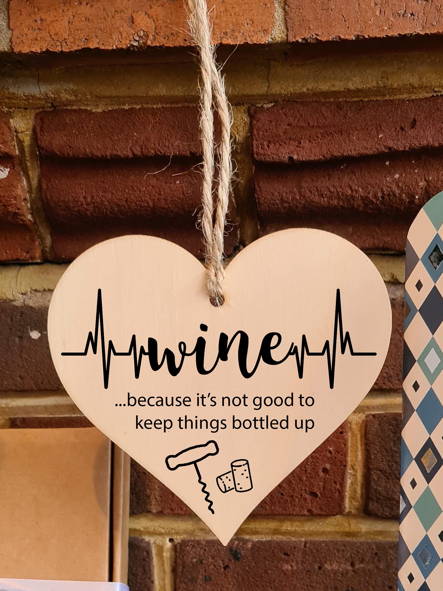 The Plum Penguin Handmade Wooden Hanging Heart Plaque Gift Wine Bottled Up Funny Novelty Friendship Card Alternative Wall Hanger Bottle Decoration