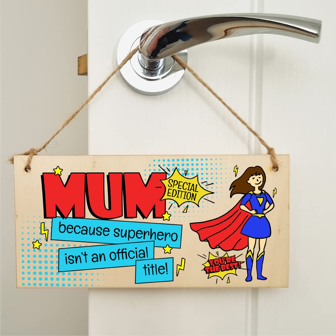 The Plum Penguin Handmade Wooden Hanging Wall Plaque Mum Because Superhero Isn't an Official Title Fun Gift Sign Mother's Day