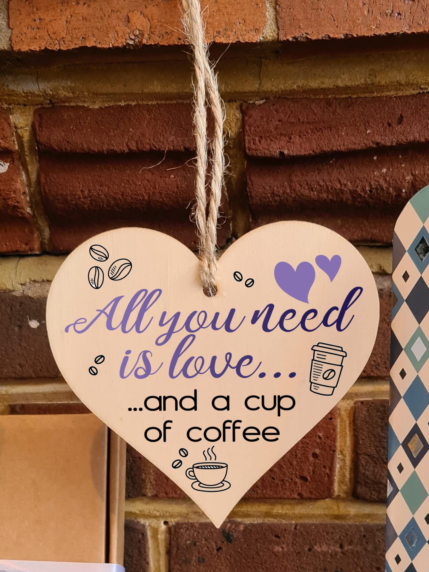 Handmade Wooden Hanging Heart Plaque Gift for Coffee Lovers Novelty Funny Keepsake