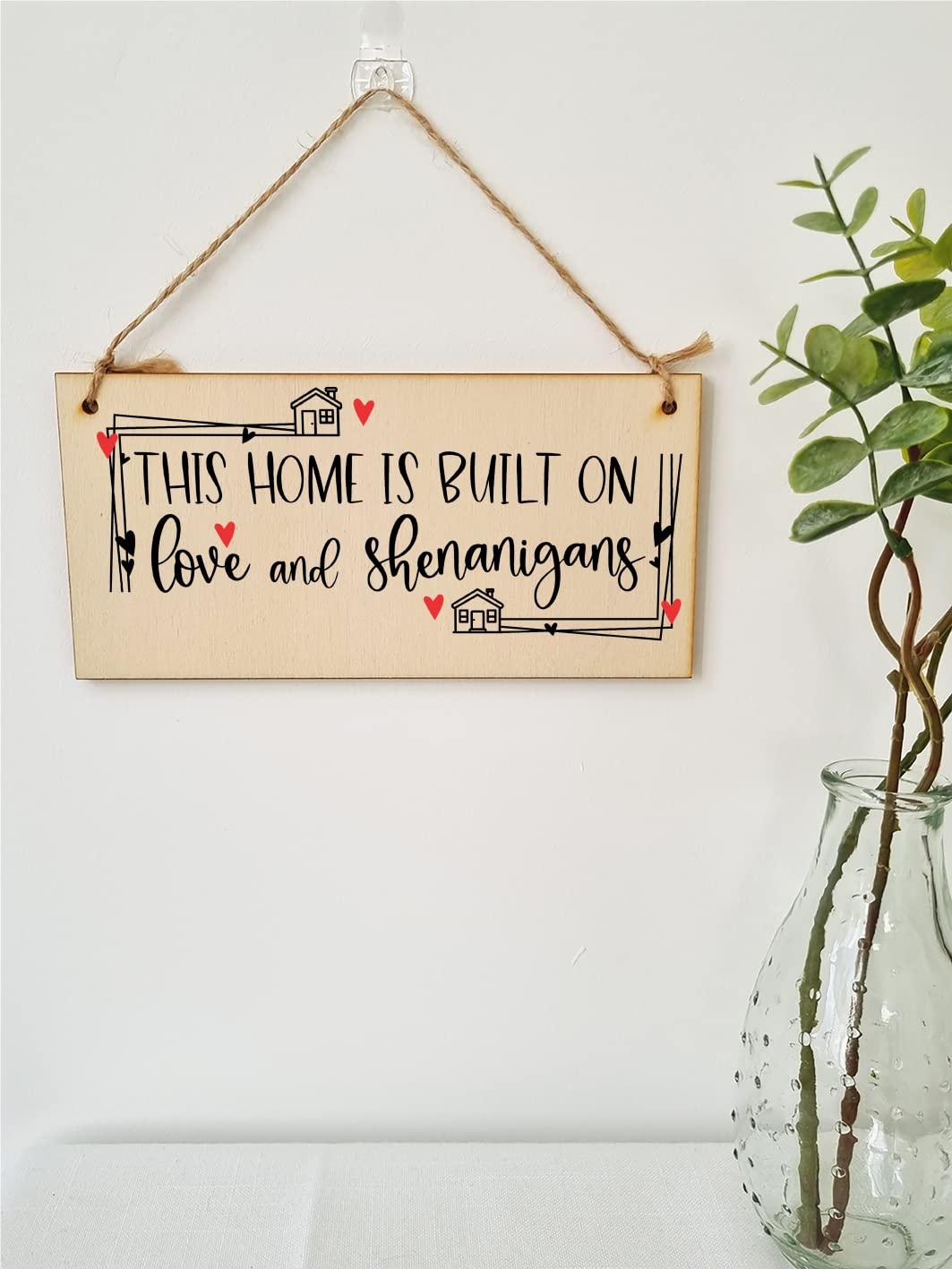 The Plum Penguin Handmade Wooden Hanging Wall Plaque Home Built on Love and Shenanigans Fun Sentimental Decorative Sign Family