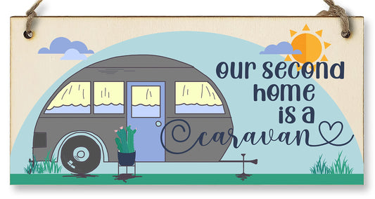 The Plum Penguin Handmade Wooden Hanging Wall Plaque Our Second Home is a Caravan Fun Camping Tent Campervan Adventure Sign