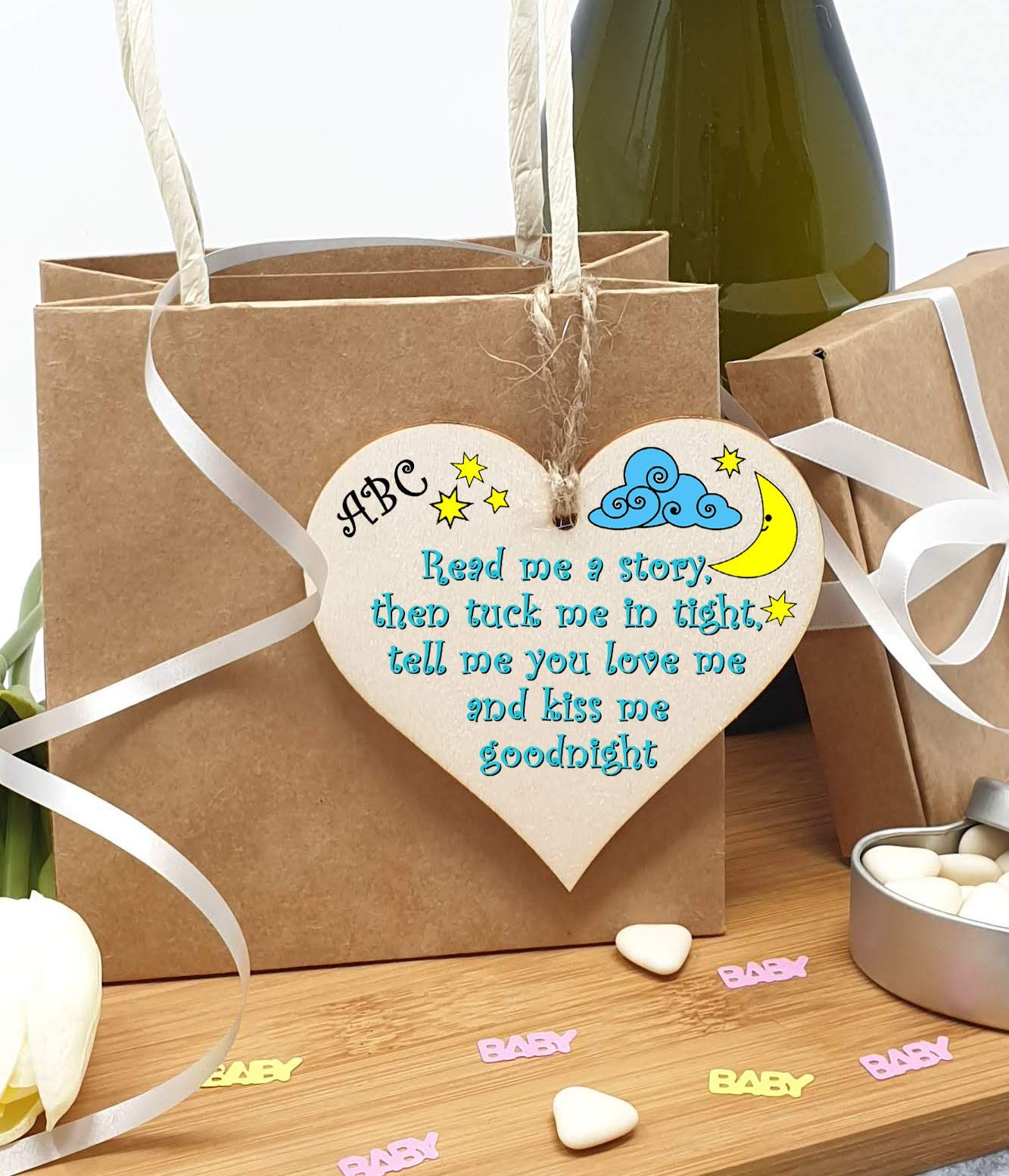 The Plum Penguin Handmade Wooden Hanging Heart Plaque Gift tell me you love me and kiss me goodnight new baby present nursery wall decoration new parents