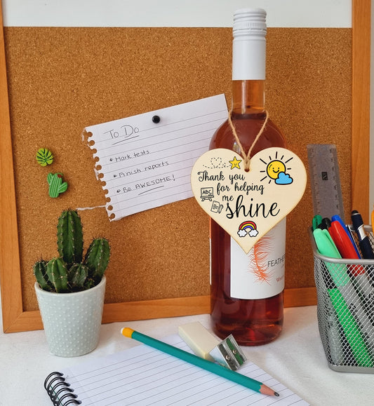 The Plum Penguin Thank You for Helping Me Shine Fun Design Hanging Heart Wooden Decoration End of Term Gift Card Alternative Teacher