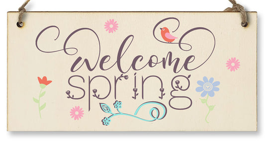 The Plum Penguin Handmade Wooden Hanging Wall Plaque Welcome Spring Cute Fun Easter Sign Springtime Garden Kitchen Decoration