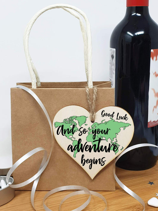 The Plum Penguin Handmade Wooden Hanging Heart Plaque Gift Adventure Begins Inspirational Motivational World Explorer Wilderness Design