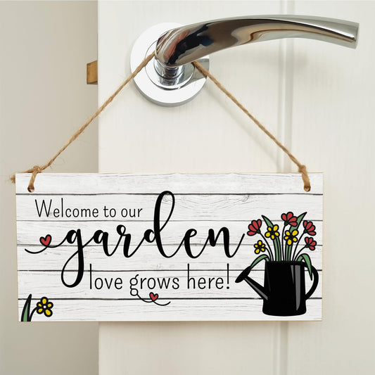 The Plum Penguin Welcome to Our Garden Love Grows Decorative Rustic Gift Handmade Wooden Plaque Home Décor Hanging Sign Family