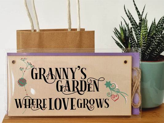 The Plum Penguin Handmade Wooden Hanging Wall Plaque Granny's Garden Where Love Grows Decorative Sign for Grandparents