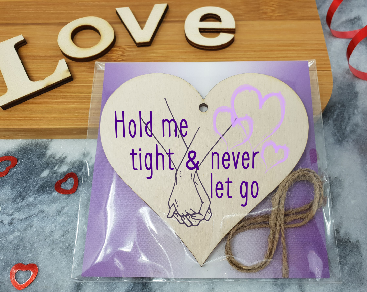 Handmade Wooden Hanging Heart Plaque Valentine's Gift Hold Me Tight and Never Let Go holding hands gift for someone special boyfriend girlfriend husband wife funny romantic keepsake