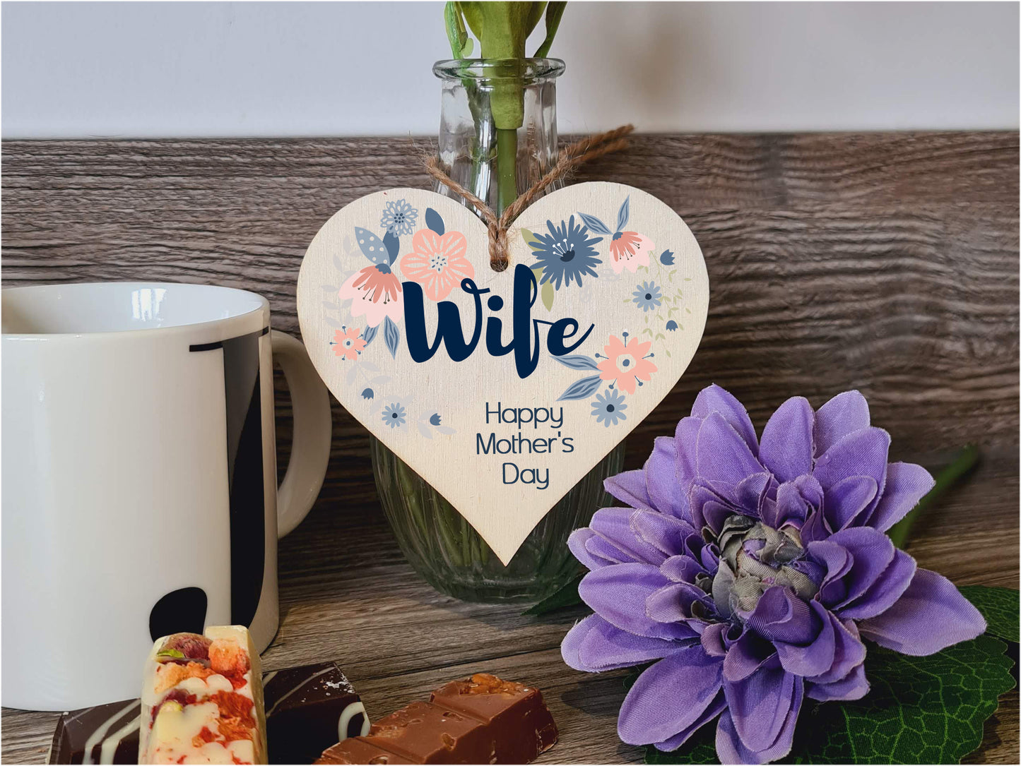 Handmade Wooden Hanging Heart Plaque Mother's Day Gift perfect for Wife stylish floral celebration card alternative from husbands beautiful thoughtful keepsake
