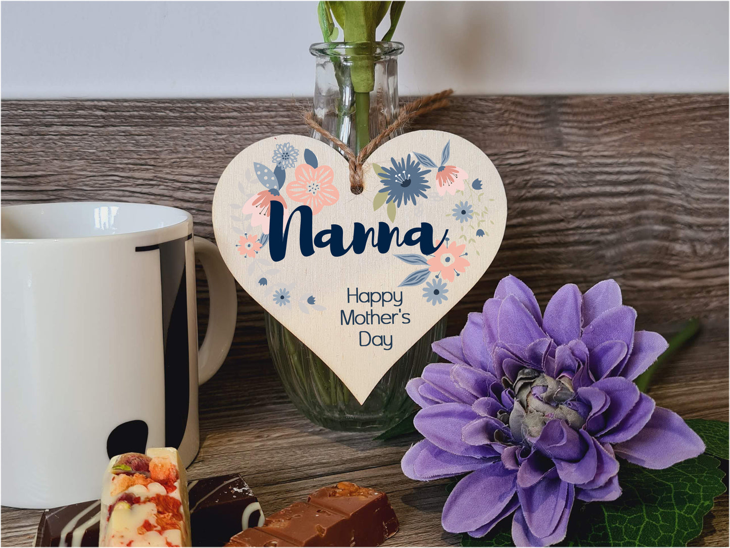 Handmade Wooden Hanging Heart Plaque Mother's Day Gift perfect for Nanna stylish floral celebration card alternative from grandchildren beautiful thoughtful keepsake