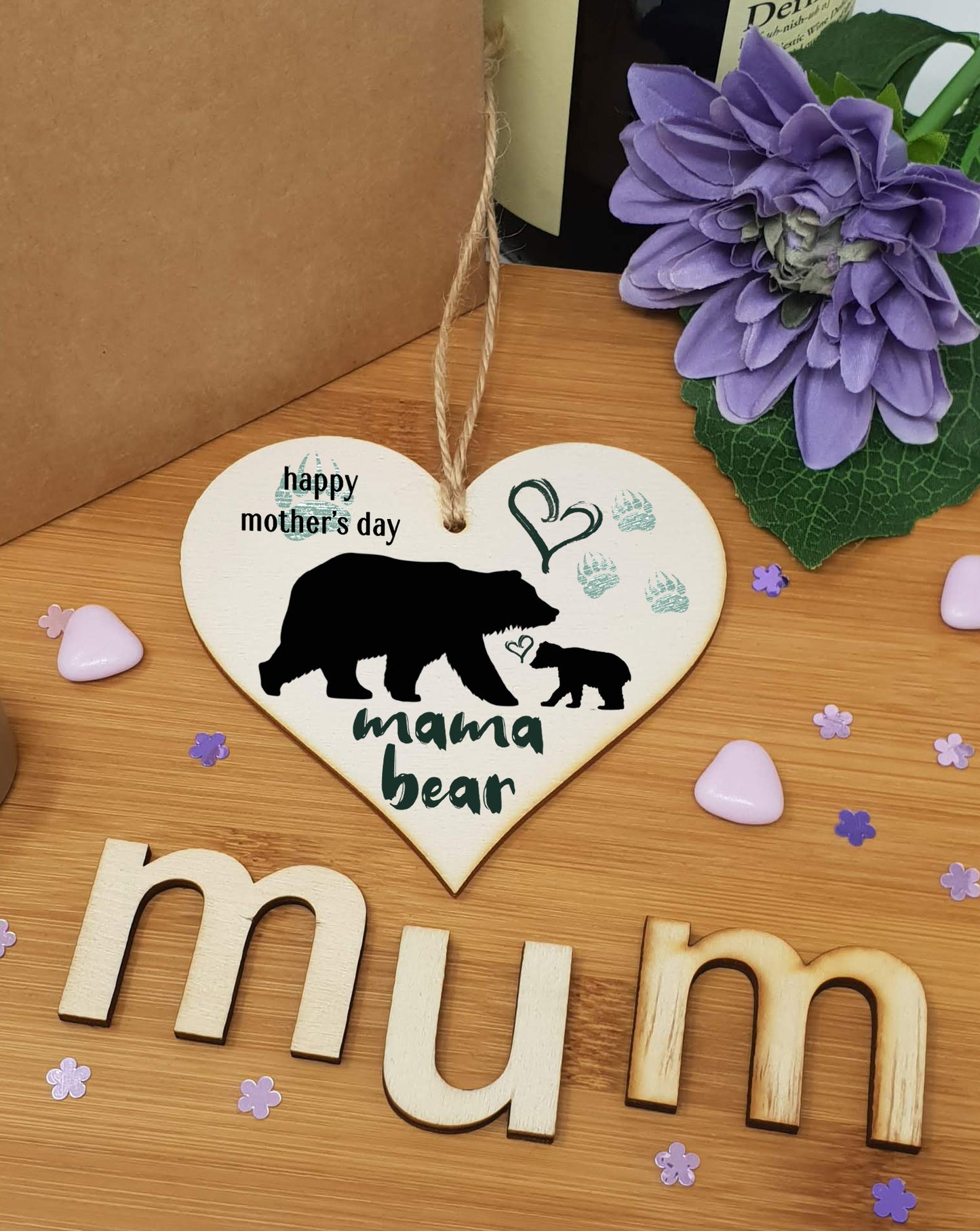 Handmade Wooden Hanging Heart Plaque Mother's Day Gift perfect for mama bears from their little bears fun keepsake cute fun mum and cubs paw prints card alternative from children