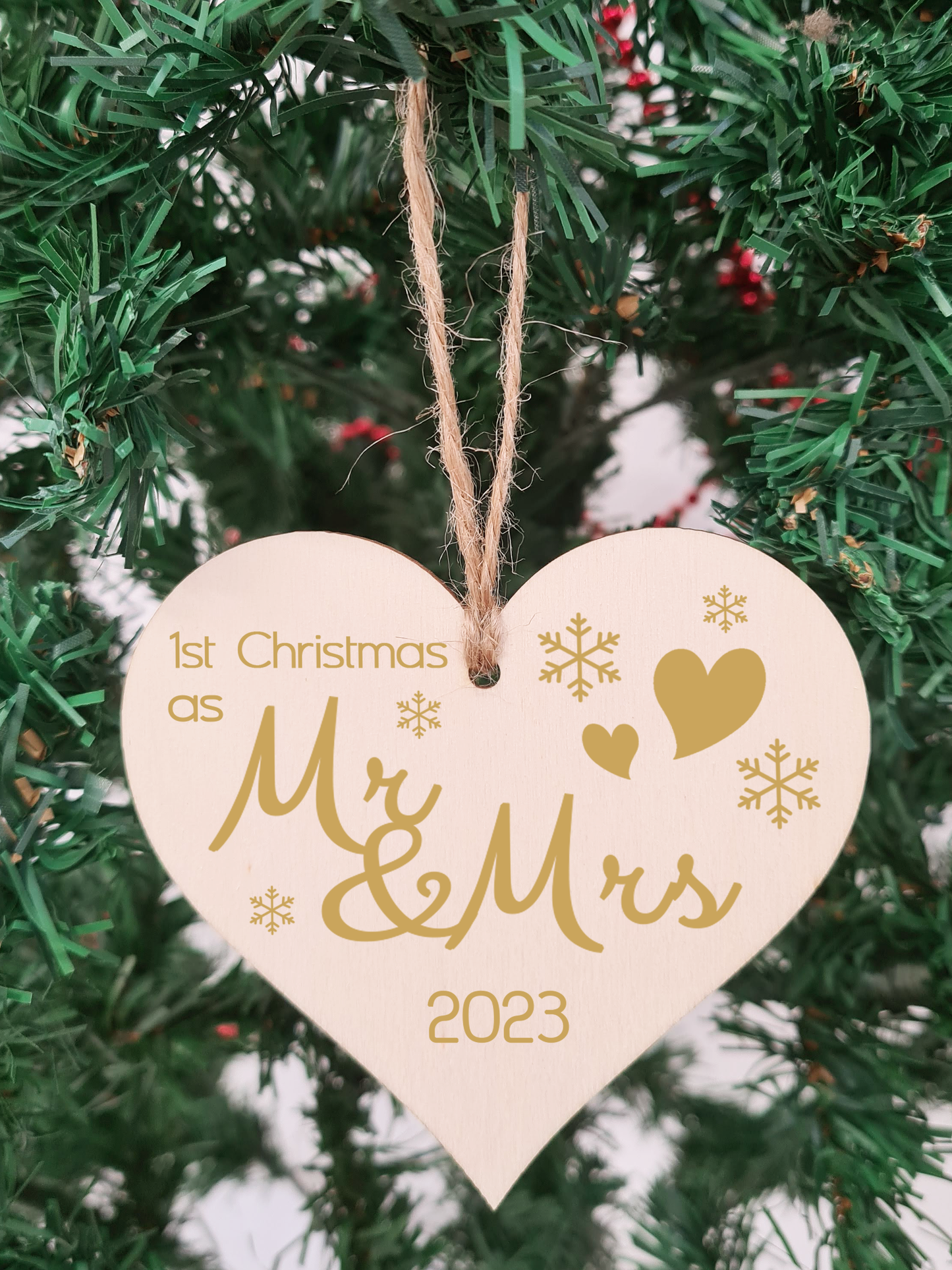 Handmade Christmas Hanging Wooden Heart Plaque Decoration Gift to celebrate 1st xmas together special Gold Mr and Mrs festive bauble