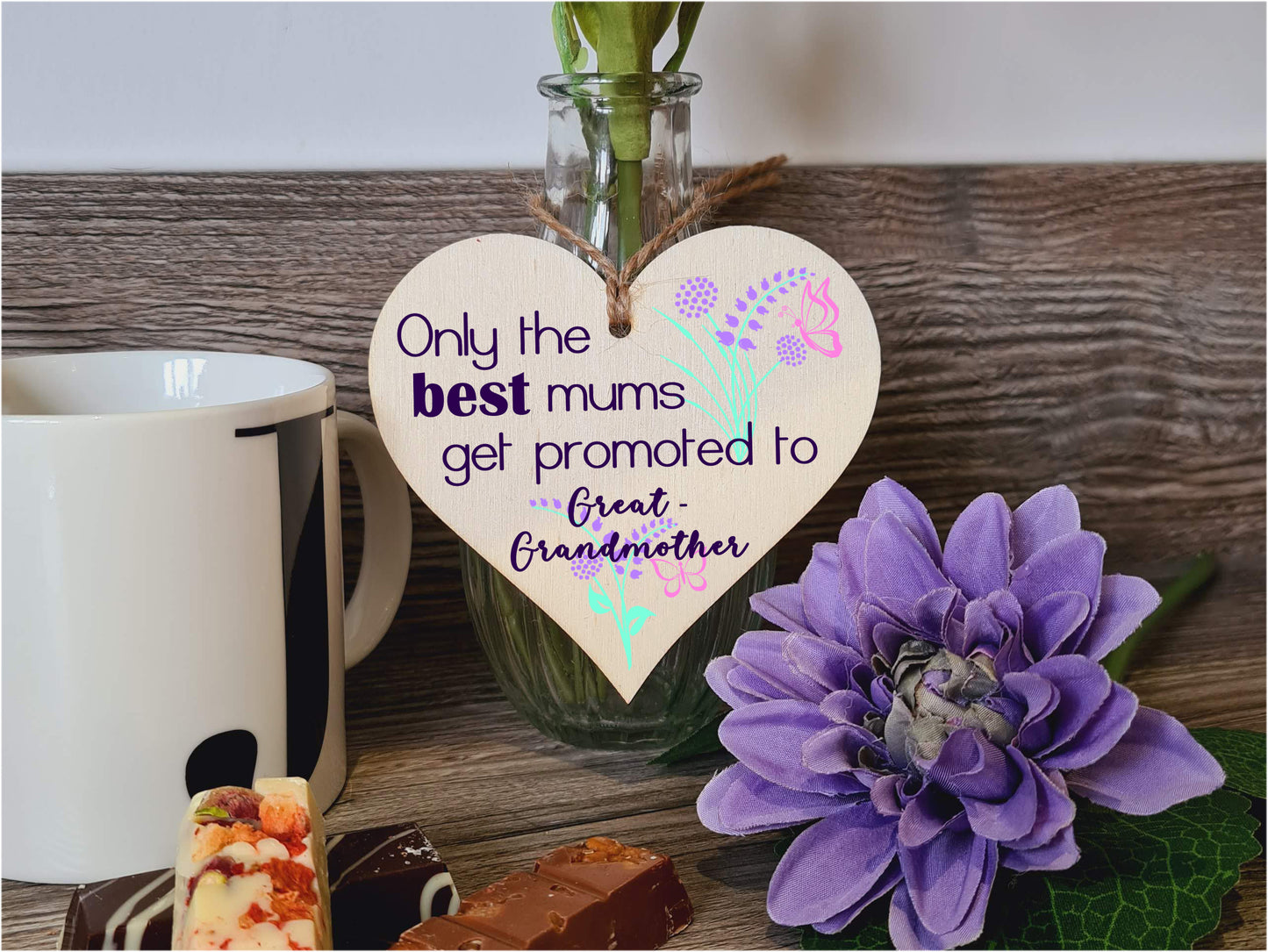 Handmade Wooden Hanging Heart Plaque Mother's Day Gift perfect for new Great Grandmas fun special keepsake Only the best Mums get promoted from grandchildren card alternative