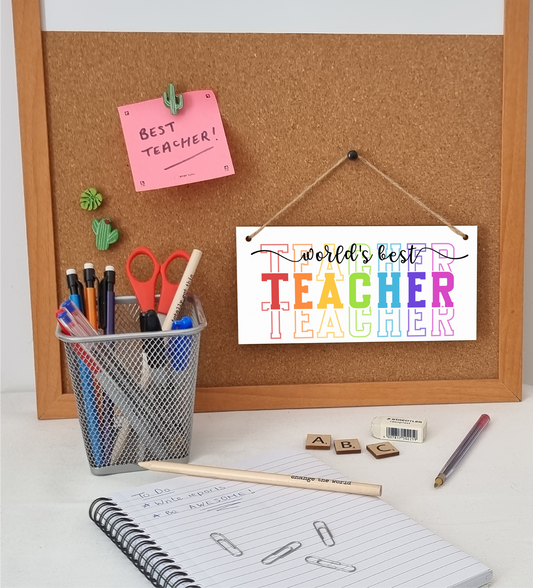World's Best Teacher Colourful Handmade Wooden Hanging Plaque Gift Teacher Teaching Assistant End of Term