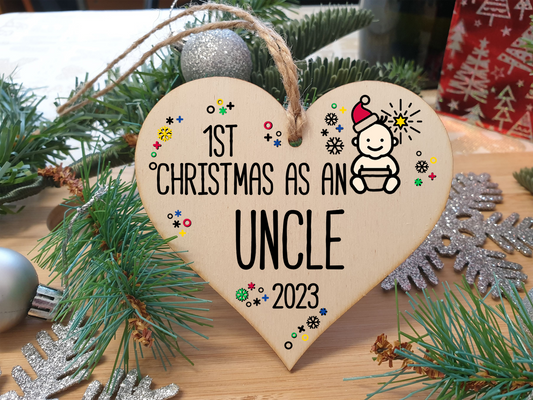 Handmade Wooden Christmas Hanging Heart Plaque Gift 1st Xmas as an Uncle new baby family celebration tree decoration present for family