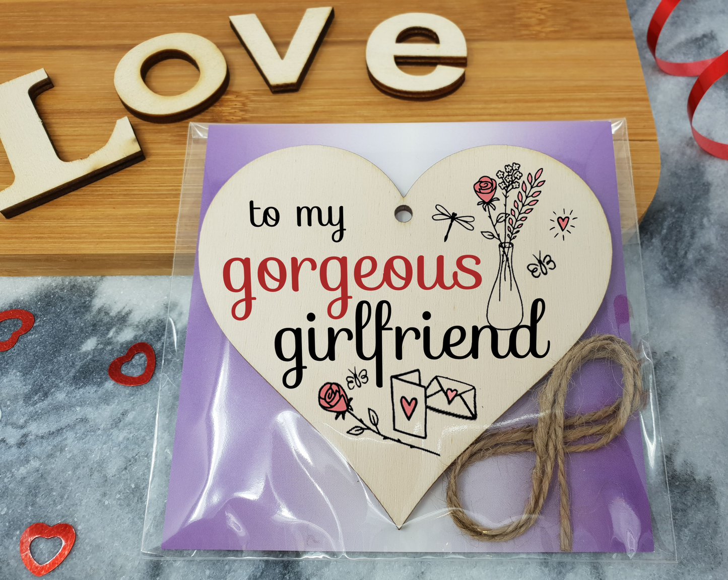 Handmade Wooden Hanging Heart Plaque Valentine's Gift to my Gorgeous Girlfriend for someone special boyfriend or partner romantic keepsake pretty floral decoration