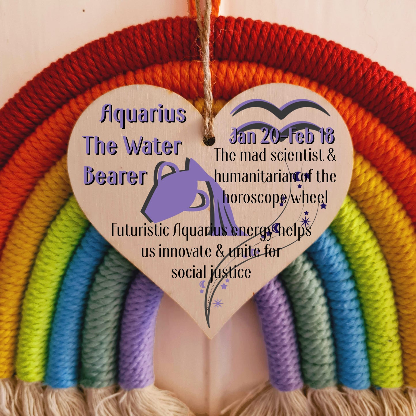 Handmade Wooden Hanging Heart Plaque Gift Signs of the Zodiac Aquarius Astrological Star Sign Keepsake Card Alternative