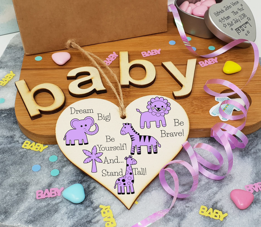 Handmade Wooden Hanging Heart Plaque Gift Be Brave Dream Big Be Yourself And Stand Tall new baby present new parents lilac gender neutral safari animals nursery wall decoration