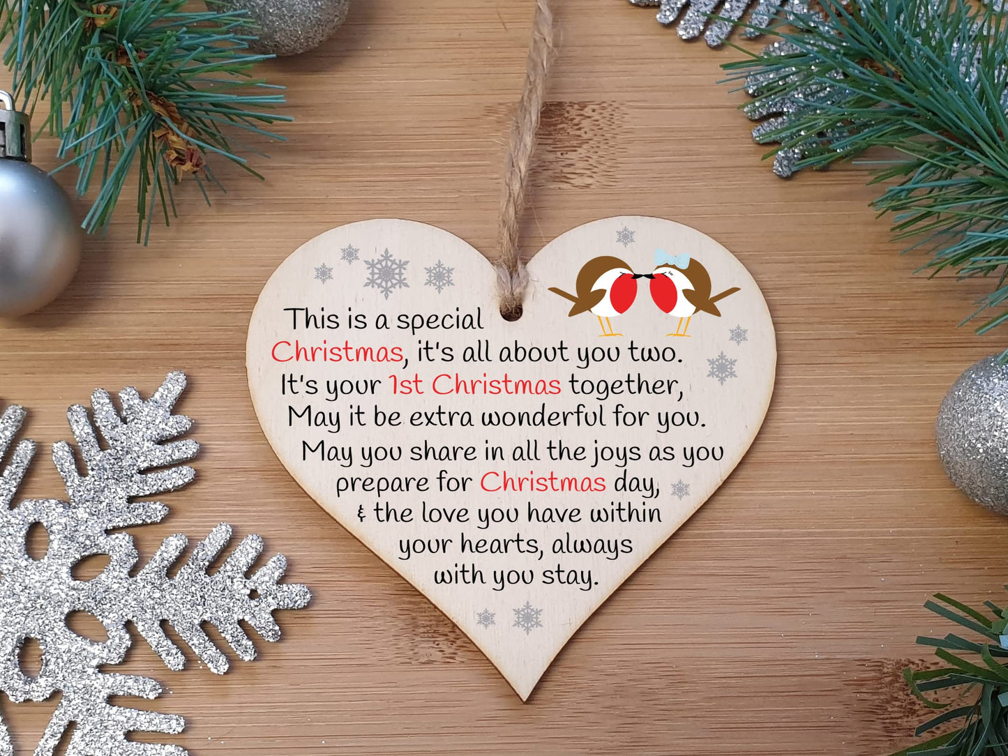 Handmade Christmas Hanging Wooden Heart Plaque Decoration Gift for newlyweds couples 1st Xmas together