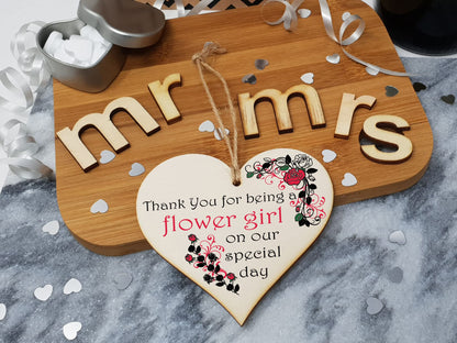 Handmade Wooden Hanging Heart Plaque Gift Thank You for Being My Flower Girl Wedding Novelty Keepsake