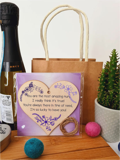 Handmade Wooden Hanging Heart Plaque Amazing Mum quote fun inspirational thoughtful keepsake wall hanger daughter son kids