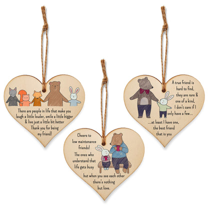 The Plum Penguin Set of 3 Hanging Decorations Wooden Hearts Friendship Gifts or BFF Besties | Laugh Louder | Low Maintenance Friends | One of a Kind