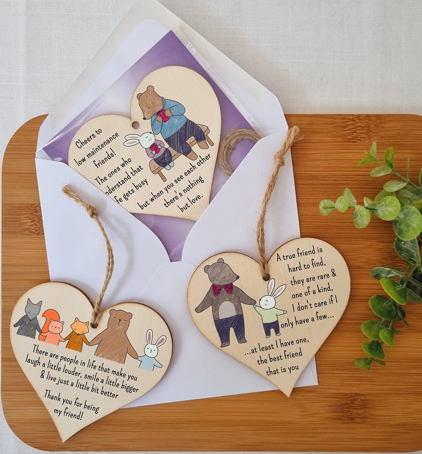 The Plum Penguin Set of 3 Hanging Decorations Wooden Hearts Friendship Gifts or BFF Besties | Laugh Louder | Low Maintenance Friends | One of a Kind