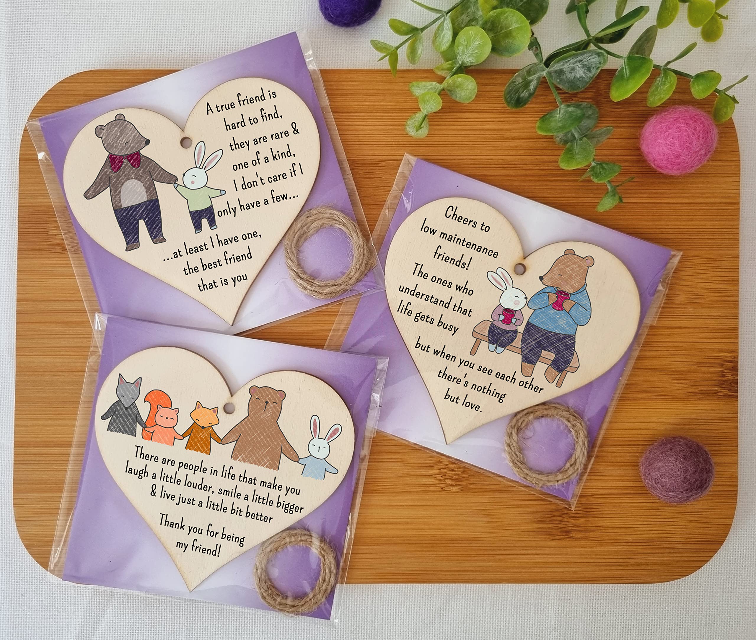 The Plum Penguin Set of 3 Hanging Decorations Wooden Hearts Friendship Gifts or BFF Besties | Laugh Louder | Low Maintenance Friends | One of a Kind