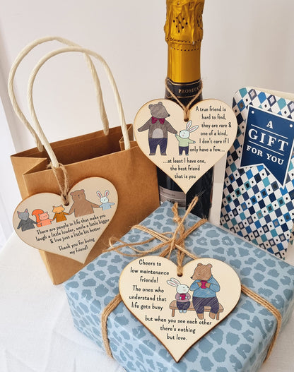 The Plum Penguin Set of 3 Hanging Decorations Wooden Hearts Friendship Gifts or BFF Besties | Laugh Louder | Low Maintenance Friends | One of a Kind