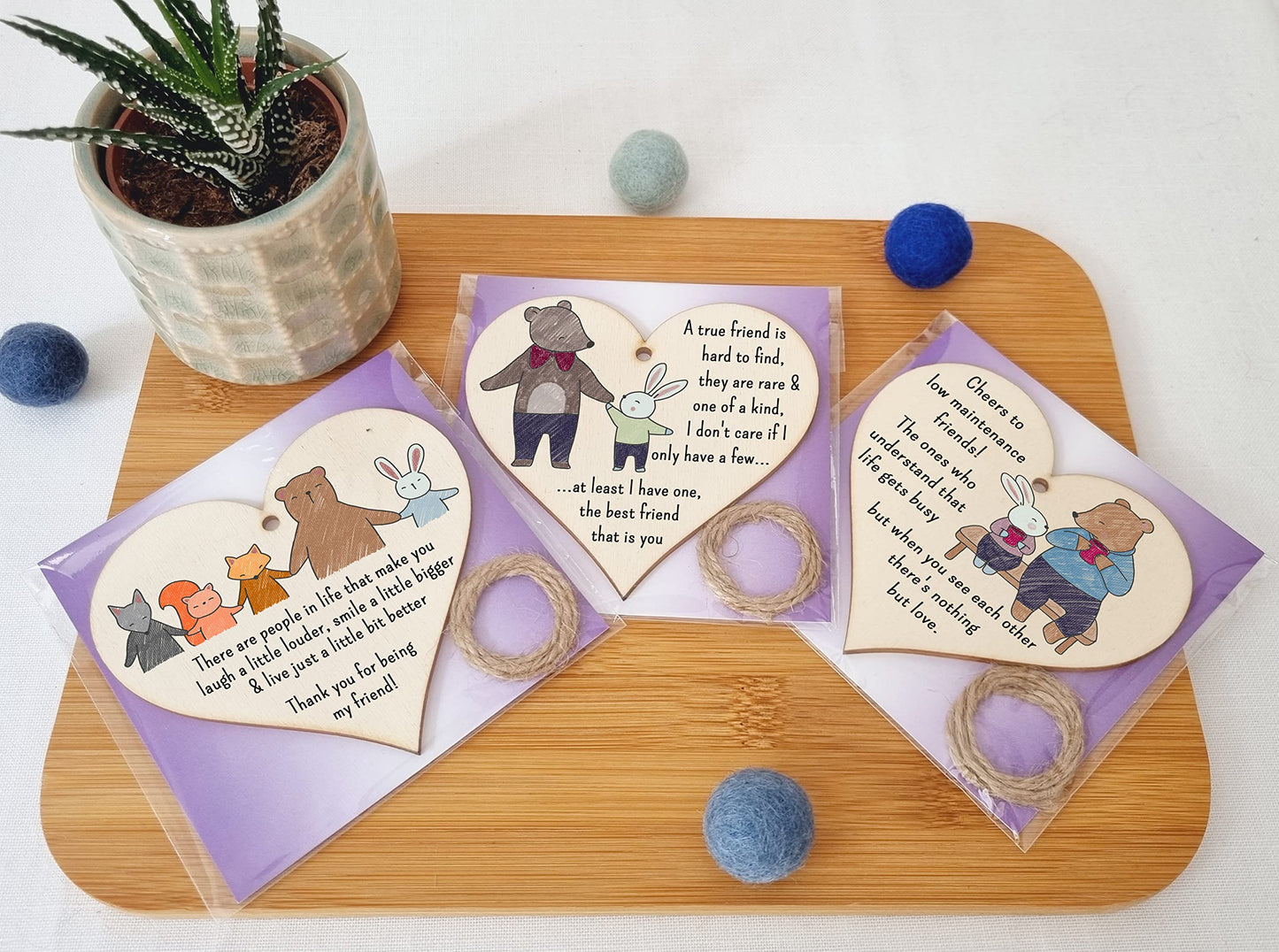 The Plum Penguin Set of 3 Hanging Decorations Wooden Hearts Friendship Gifts or BFF Besties | Laugh Louder | Low Maintenance Friends | One of a Kind