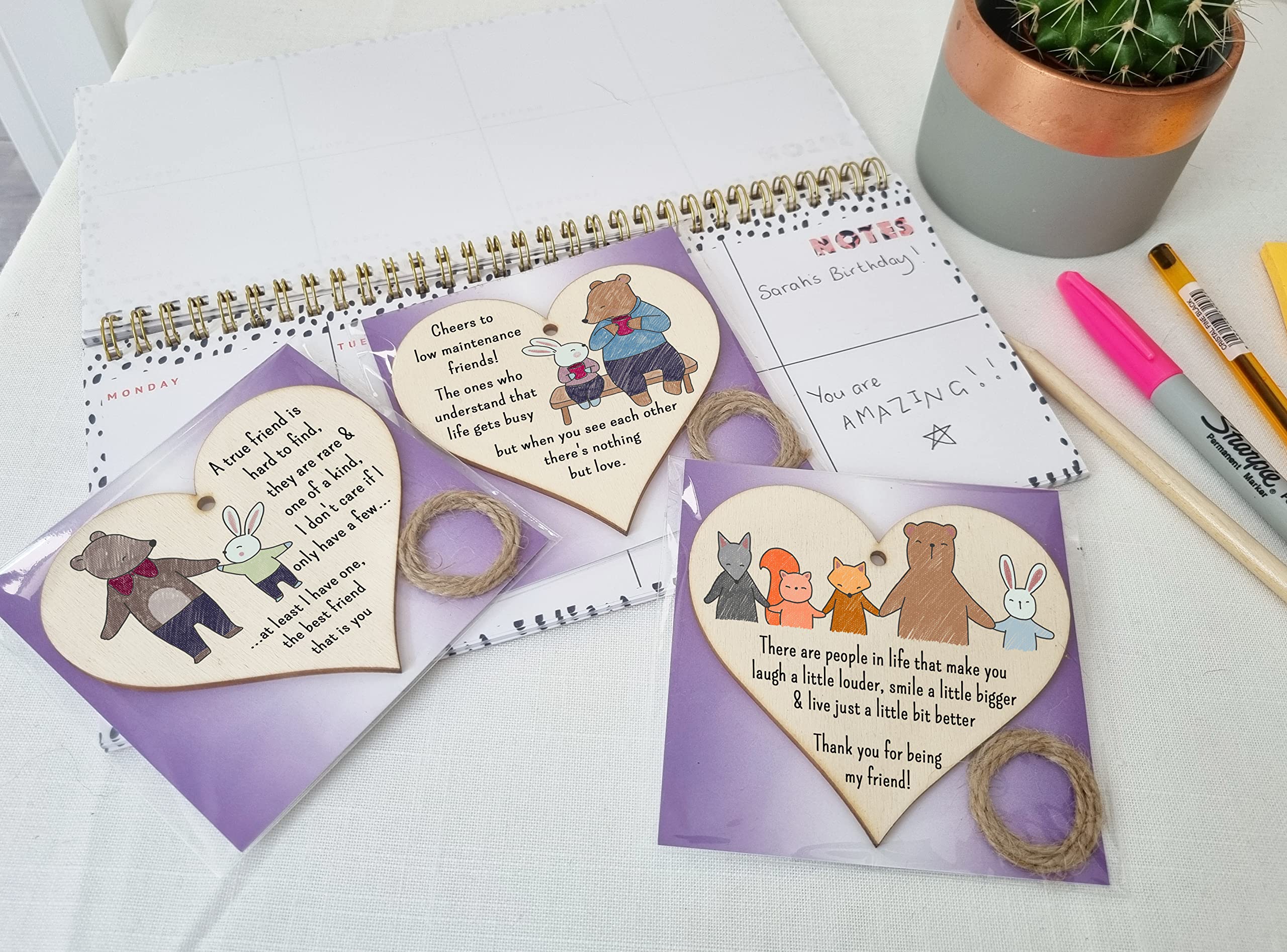 The Plum Penguin Set of 3 Hanging Decorations Wooden Hearts Friendship Gifts or BFF Besties | Laugh Louder | Low Maintenance Friends | One of a Kind