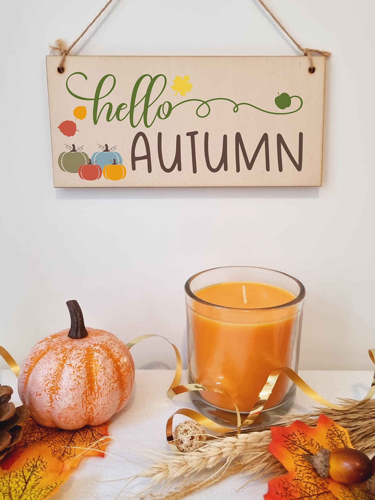 hello Autumn Seasonal Falling Leaves Decorative Pumpkin Sign Handmade Wooden Hanging Wall Plaque Gift Hallway Home Décor
