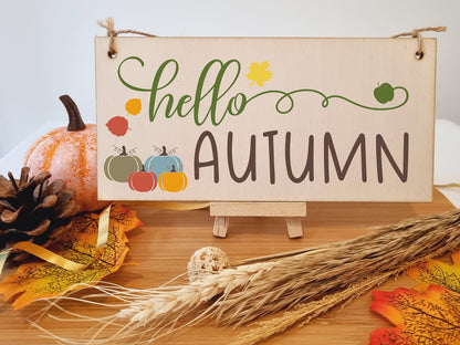 hello Autumn Seasonal Falling Leaves Decorative Pumpkin Sign Handmade Wooden Hanging Wall Plaque Gift Hallway Home Décor