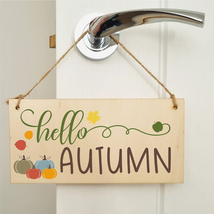 hello Autumn Seasonal Falling Leaves Decorative Pumpkin Sign Handmade Wooden Hanging Wall Plaque Gift Hallway Home Décor