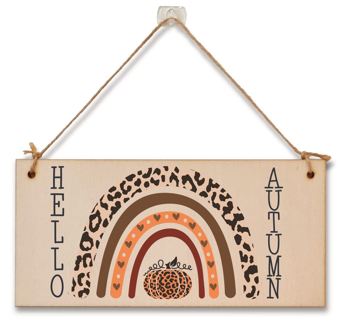 hello Autumn Seasonal Boho Rainbow Decorative Pumpkin Sign Handmade Wooden Hanging Wall Plaque Gift Hallway Home Décor
