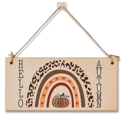 hello Autumn Seasonal Boho Rainbow Decorative Pumpkin Sign Handmade Wooden Hanging Wall Plaque Gift Hallway Home Décor