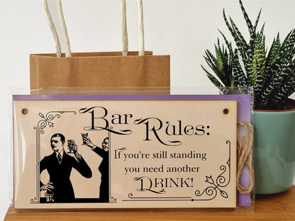 The Plum Penguin Handmade Wooden Hanging Wall Plaque Bar Rules Still Standing Need a Drink Funny Novelty Sign Home Bar