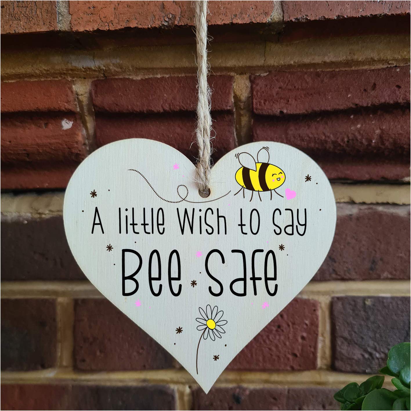 The Plum Penguin Handmade Wooden Hanging Heart Plaque Gift a little wish to say Bee Safe novelty window wall hanger gift friends family stay safe word play bumble bee saying