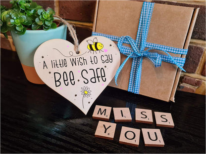 The Plum Penguin Handmade Wooden Hanging Heart Plaque Gift a little wish to say Bee Safe novelty window wall hanger gift friends family stay safe word play bumble bee saying
