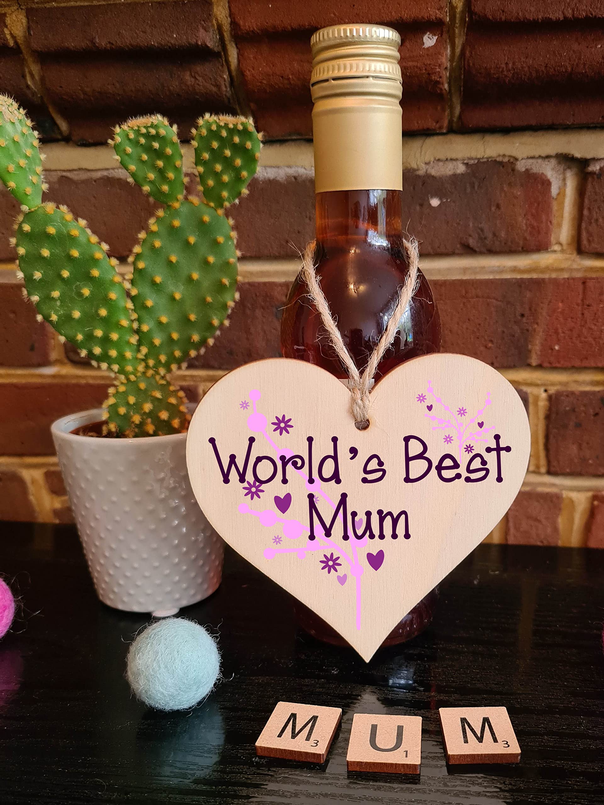 The Plum Penguin Handmade Wooden Hanging Heart Plaque for Mum loving thoughtful special keepsake World's Best Mum stylish classy artistic wall hanger card alternative from daughter son kids