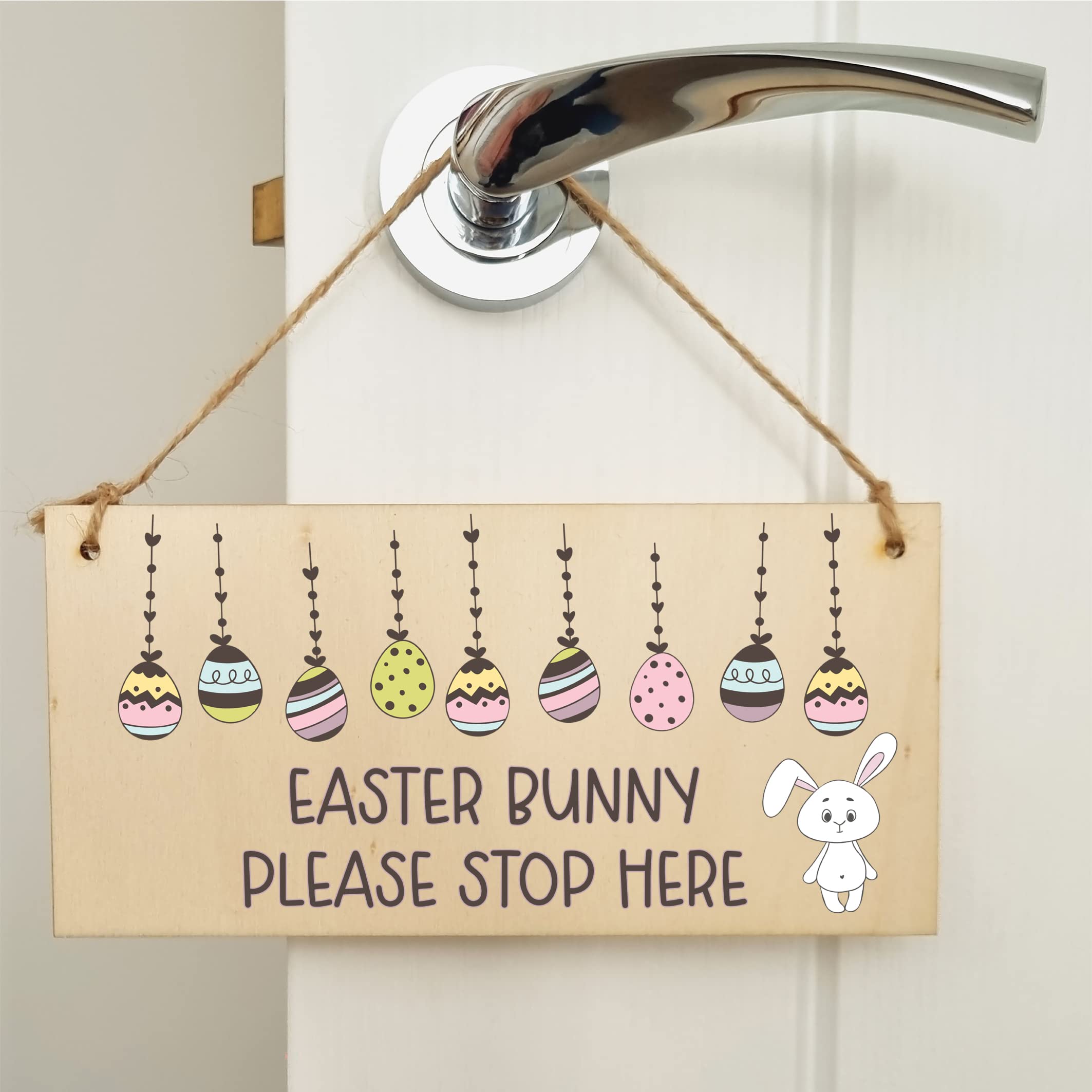 The Plum Penguin Handmade Wooden Hanging Wall Plaque Easter Bunny Please Stop Here Cute Fun Easter Sign Garden Kitchen Decoration