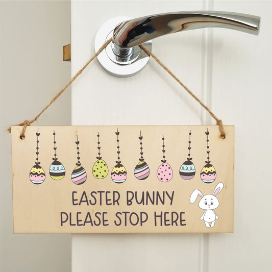 The Plum Penguin Handmade Wooden Hanging Wall Plaque Easter Bunny Please Stop Here Cute Fun Easter Sign Garden Kitchen Decoration