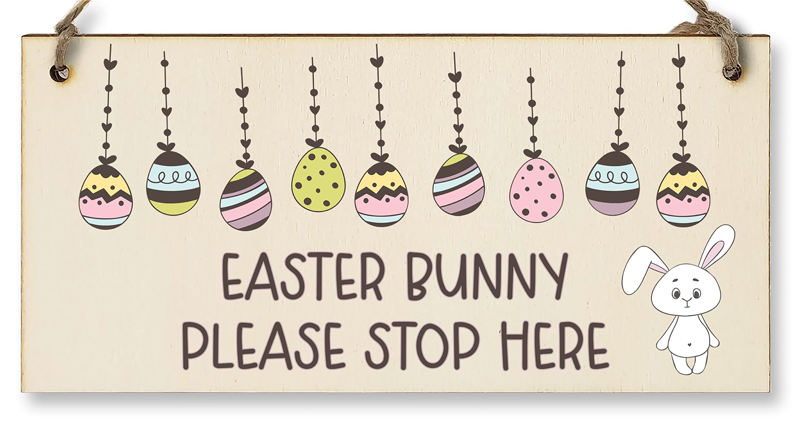 The Plum Penguin Handmade Wooden Hanging Wall Plaque Easter Bunny Please Stop Here Cute Fun Easter Sign Garden Kitchen Decoration