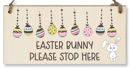 The Plum Penguin Handmade Wooden Hanging Wall Plaque Easter Bunny Please Stop Here Cute Fun Easter Sign Garden Kitchen Decoration