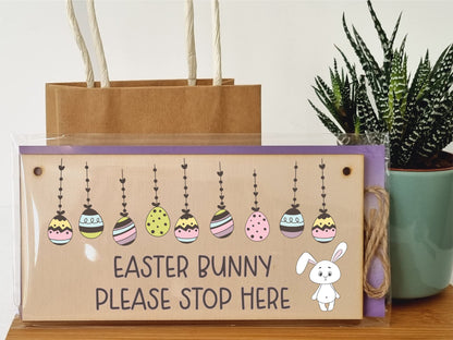 The Plum Penguin Handmade Wooden Hanging Wall Plaque Easter Bunny Please Stop Here Cute Fun Easter Sign Garden Kitchen Decoration