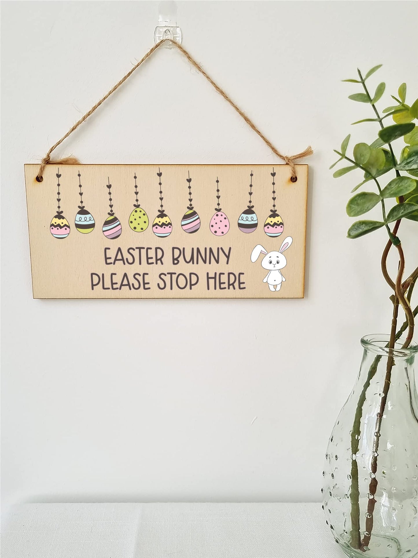 The Plum Penguin Handmade Wooden Hanging Wall Plaque Easter Bunny Please Stop Here Cute Fun Easter Sign Garden Kitchen Decoration