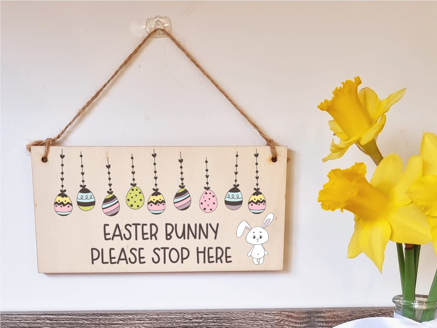 The Plum Penguin Handmade Wooden Hanging Wall Plaque Easter Bunny Please Stop Here Cute Fun Easter Sign Garden Kitchen Decoration
