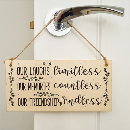 The Plum Penguin Our Laughs Limitless Friendship Endless Sweet Sentimental Handmade Wooden Hanging Wall Plaque Gift for Best Friend