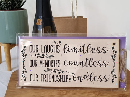 The Plum Penguin Our Laughs Limitless Friendship Endless Sweet Sentimental Handmade Wooden Hanging Wall Plaque Gift for Best Friend