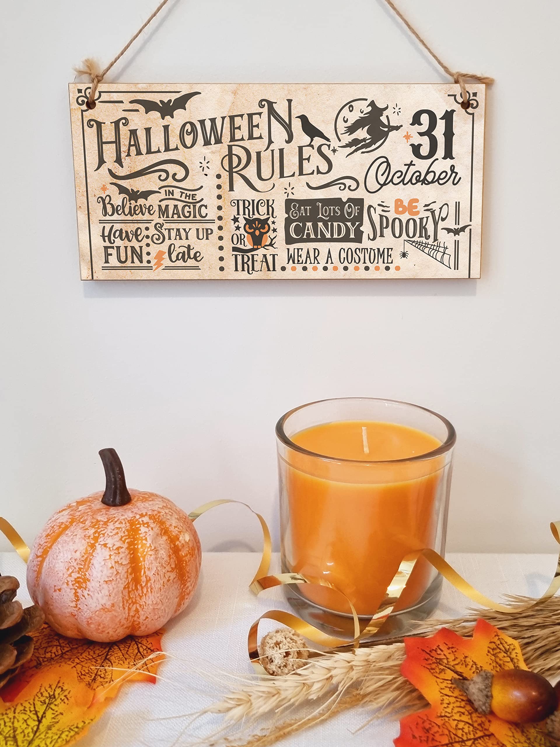 Halloween Rules Spooky Fun Vintage Decorative Halloween Sign Handmade Wooden Hanging Wall Plaque Gift Hallway Home Décor